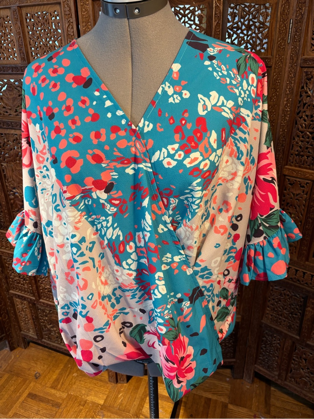 Umgee Teal Floral Wrap Blouse with Pink Accents